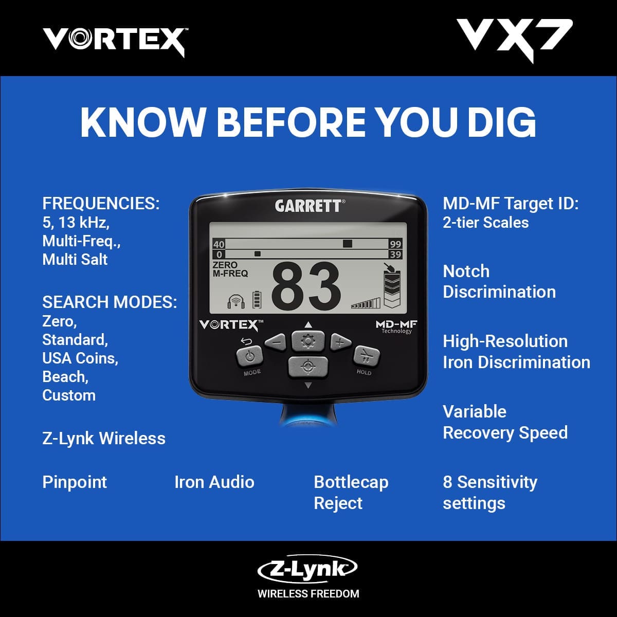 Yozgat Garrett Vortex VX7 Dedektör - VX7 hedef ID ekranı, iki katmanlı MD-MF okuma ile demir ve iletken hedefleri ayırmaya yardım eder.